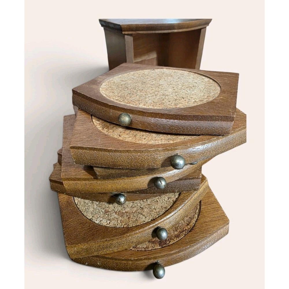 Vintage 9 Piece Styson Inc Style Wood Hardwood Coaster Set MCM